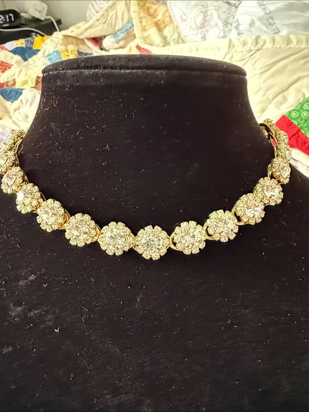 New Womens Gold & Crystal Floral  Choker 12” with off white ribbon 20”